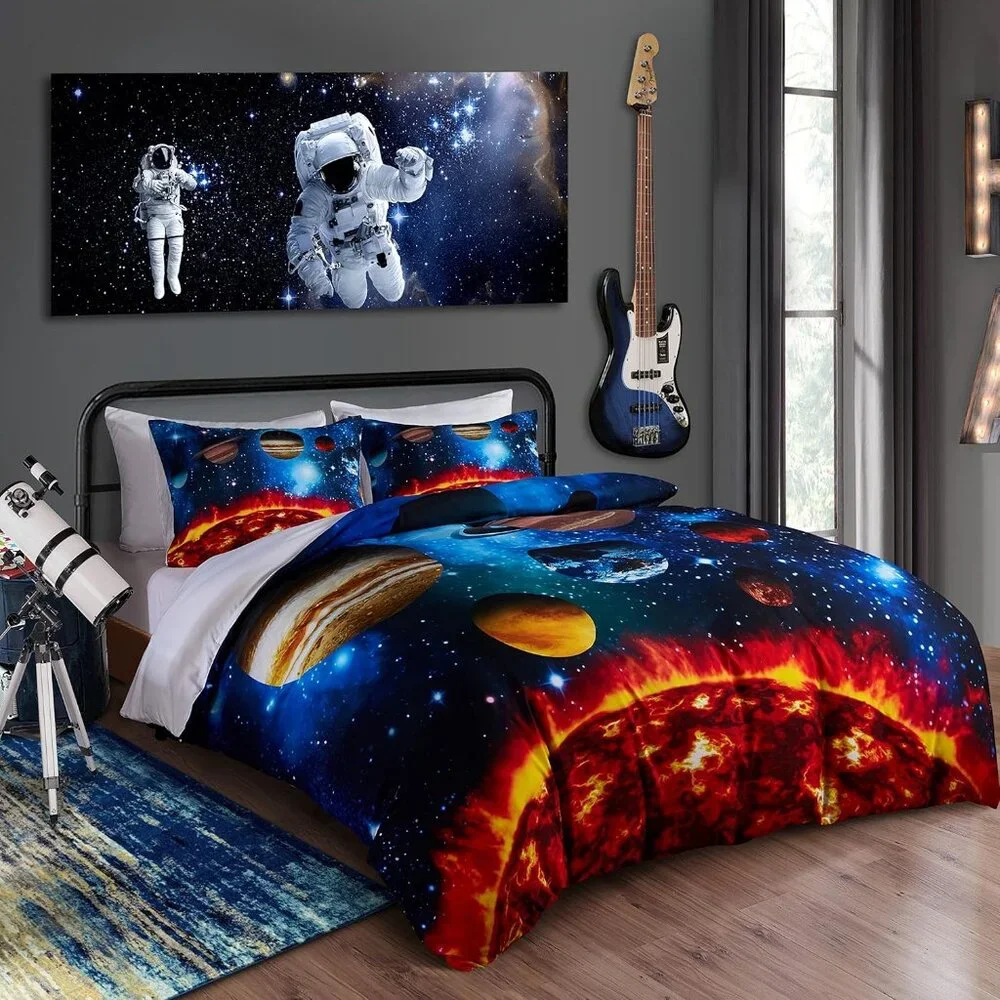 Twin Size Duvet + Pillowcase Set Galaxy Space Planets Solar System Multicolor